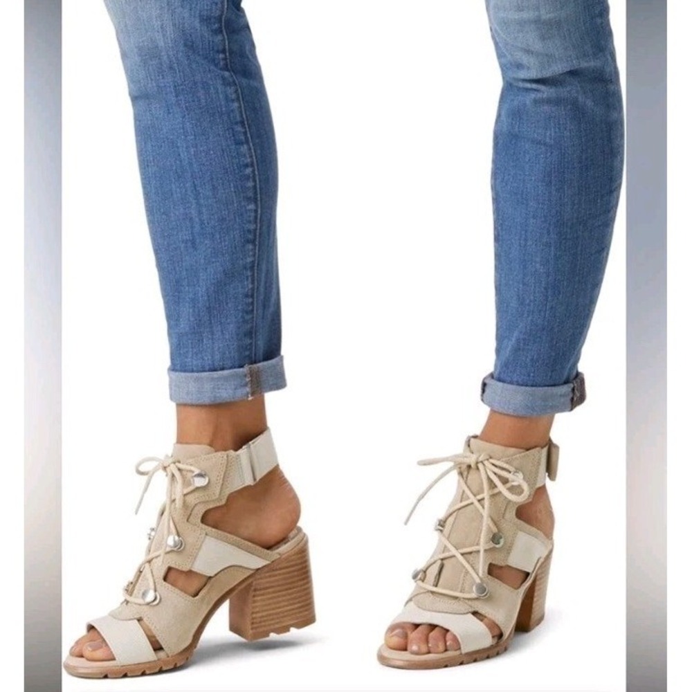 Sorel Nadia Lace Up Heeled Sandals Womens 9.5 Beige Suede Cutout Booties